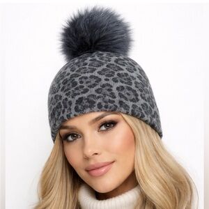 Sophia Cashmere Leopard Print Pom Pom Beanie